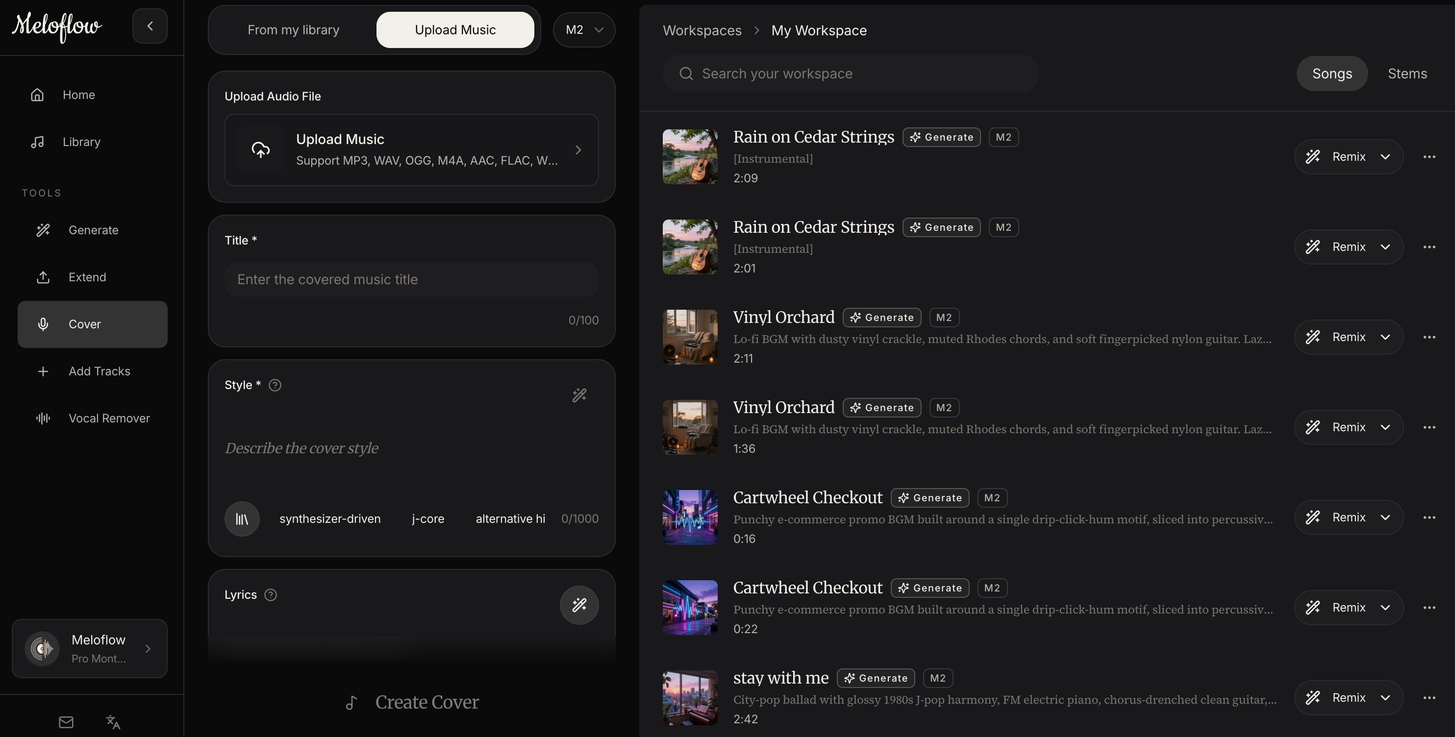 Use Upload & Cover when the same song idea needs a different vocal or style treatment.