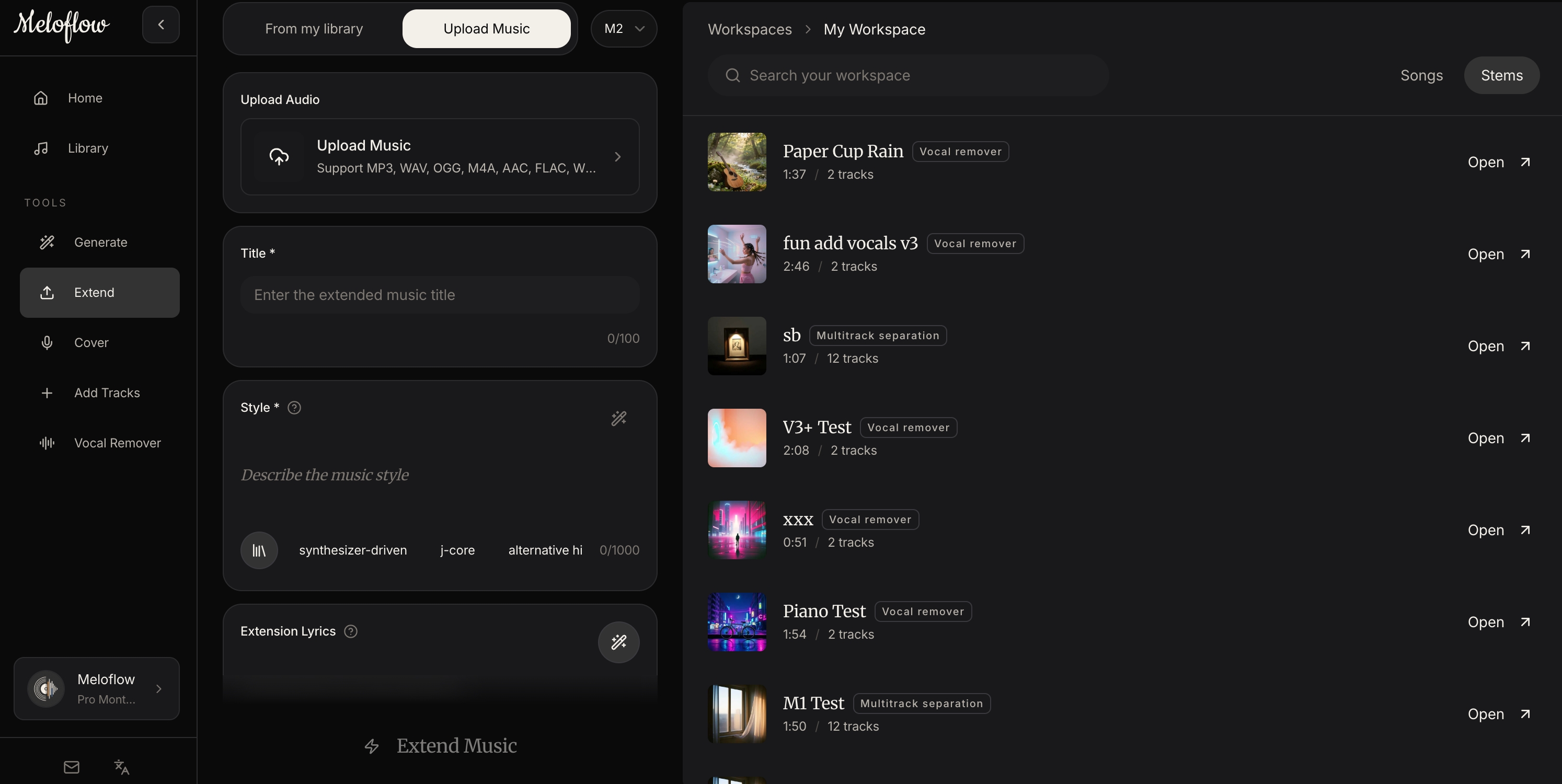 Use Upload & Extend when a track already fits the project but needs more duration.